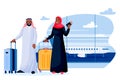 Traveling arab man and woman with luggage. Arabic muslim young couple at airport terminal. Vector cartoon illustration Royalty Free Stock Photo