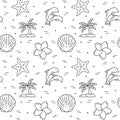 Traveling background. Seamless pattern with starfish, dolphins,