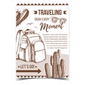 Traveling Backpack On Desert Sand Banner Vector