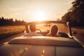 Traveling by car - happy couple in love go by cabriolet car in sunset time AI generated