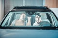 Loving couple feeling excited before traveling by car Royalty Free Stock Photo