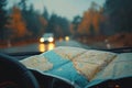 Traveling by car with map to guide the road trip