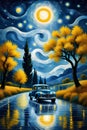 Traveling with car in the starry nightbof Van Gogh style, tree, wet road, moonlight, nature view, painting, fantasy art