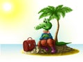 Traveling. Cartoon crocodile on vacation. The uninhabited island