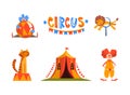 Traveling Chapiteau Circus with Clown, Tent, Lion and Tiger Vector Set