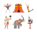 Traveling Chapiteau Circus with Strongman, Acrobat, Magician, Elephant and Tent Vector Set Royalty Free Stock Photo