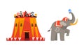 Traveling Chapiteau Circus with Tent and Elephant with Ball Performing Trick Vector Set