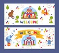 Traveling circus banner, vector illustration. Carnival event announcement, funfair invitation. Circus tent, festival