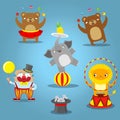 Traveling circus cartoon icons collection wild animals performance isolated vector illustration.