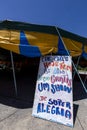 traveling circus tent in blue and yellow colors. Brazil