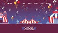 Traveling circus website design, vector illustration. Landing page template for carnival, funfair grand opening