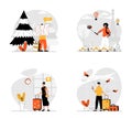 Traveling concept with character set. Collection of scenes people with luggage flight and go on vacation, hiking in forest and