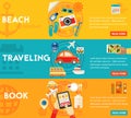 Traveling Concepts - Beach, Sightseeing, Searching and Booking, Tourism. Flat material horizontal banners