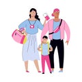 Traveling couple of tourists with child cartoon vector illustration isolated. Royalty Free Stock Photo