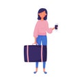 Traveling Dark-haired Smiling Woman Holding Suitcase and Coffee Cup Vector Illustration