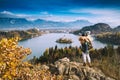 Traveling family looking on Bled Lake, Slovenia, Europe