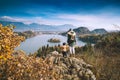 Traveling family looking on Bled Lake, Slovenia, Europe Royalty Free Stock Photo