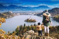 Traveling family looking on Bled Lake, Slovenia, Europe Royalty Free Stock Photo