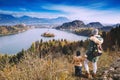 Traveling family looking on Bled Lake, Slovenia, Europe Royalty Free Stock Photo