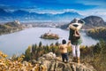 Traveling family looking on Bled Lake, Slovenia, Europe Royalty Free Stock Photo