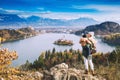 Traveling family looking on Bled Lake, Slovenia, Europe Royalty Free Stock Photo