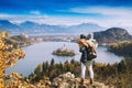 Traveling family looking on Bled Lake, Slovenia, Europe Royalty Free Stock Photo