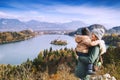 Traveling family looking on Bled Lake, Slovenia, Europe Royalty Free Stock Photo