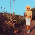 Travel fashion girl. Canary Island. Country style outfit. Desert Royalty Free Stock Photo