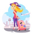 Traveling Girl With Pink Trolley Bag.