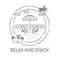 Traveling horizontal banner with beach, palm and cocktails Line art