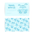 Traveling horizontal banner with loungers on beach. Seamless pattern with sea rest accessories for trip, tourism, travel agency, h