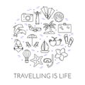 Traveling horizontal banner with palm on island, airplane, sailboat, beach, vacation icons