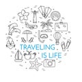 Traveling horizontal banner with palm on island, airplane, sailboat, beach, vacation icons