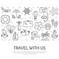 Traveling horizontal banner with palm on island, airplane, sailboat, beach, vacation icons