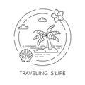 Traveling horizontal banner with palm on island, plumeria, shell, beach in circle. Abstract skyline for trip, tourism, travel agen