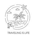 Traveling horizontal banner with palm on island, starfish, dolphins, beach in circles for trip, tourism, travel agency, hotels car