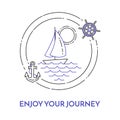 Traveling horizontal banner with sailboat on waves, anchor, helm in circle for trip, tourism, travel agency, hotels, recreation ca