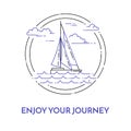 Traveling horizontal banner with sailboat on waves, clouds in circle for trip, tourism, travel agency, hotels,recreation Royalty Free Stock Photo