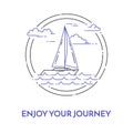 Traveling horizontal banner with sailboat on waves, clouds in circle for trip, tourism, travel agency, hotels, recreation card. Royalty Free Stock Photo