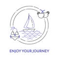 Traveling horizontal banner with sailboat on waves, cocktails and swimsuit in circle.