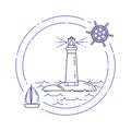 Traveling horizontal banner with sailboat on waves and lighthouse. Line art.