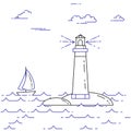 Traveling horizontal banner with sailboat on waves and lighthouse. Line art.