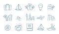 Traveling Icon set. Rest, vacation. Palm trees, hotel and suitcase, compass. Airplane passport and ship. Vector line.