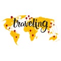 Traveling Lettering Over World Map Background Hand Drawn Tourism Adventure Concept