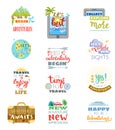 Traveling lettering vector adventure sign and journey typographic print illustration set of trip inspirations to travel