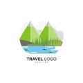 The Traveling logo with a view of twin mountaint concept and a little lake