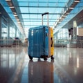 Traveling luggage in airport terminal, airplane travel concept