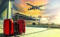Traveling luggage in airport terminal building and jet plane fly Royalty Free Stock Photo