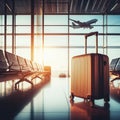 traveling luggage in airport terminal building and jet plane flying over urban scene