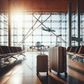 traveling luggage in airport terminal building and jet plane flying over urban scene